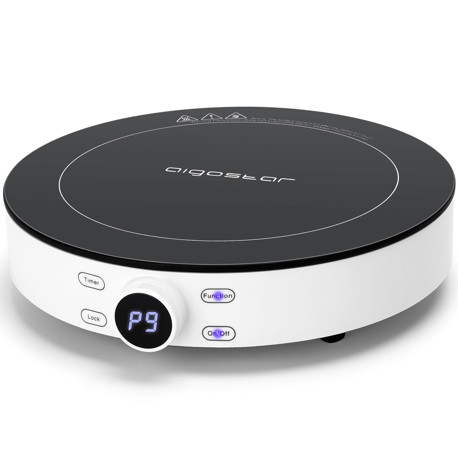 Aigostar Cookmate Portable Induction Hob 2000W Round Design 9 Power Levels Shut-off Timer Suitable for Induction Compatible Pots 12-26cm Exclusive Design