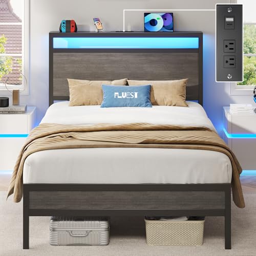 Image of Fluest Twin Bed Frame with Headboard & Footboard, Twin Bed Frame with Charging Station & LED Light, Under-Bed-Storage, No Box Spring Needed, Noise Free, Easy Assembly, Rustic Grey