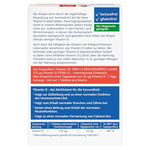 Doppelherz Vitamin D3 7000 I.E. WOCHENDEPOT - Mit nur einer Tablette 7 Tage versorgt - 15 Wochen-Packung - 15 Mini-Tabletten