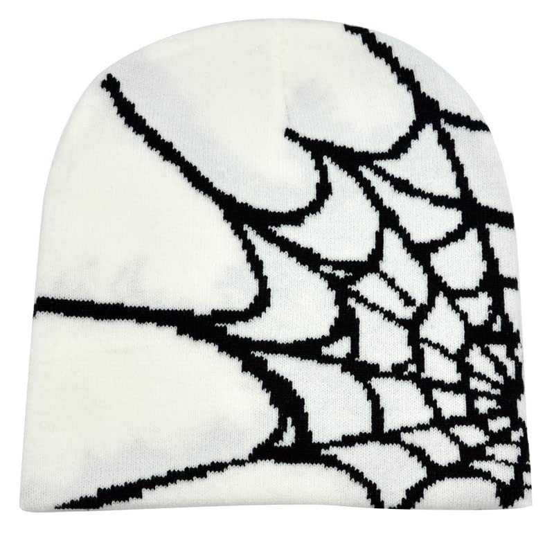 BAIMORE Y2K Gothic Spider Pattern Knitted Hat Winter Warm Acrylic Knitted Beanie for Men Women Beanie White