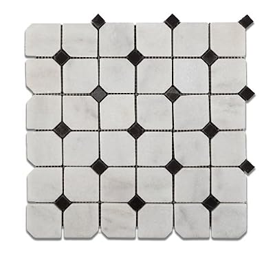Bianco Venatino Marble Tumbled Octagonal Mosaic Tile w/Black Dots - Lot of 50 Sheets