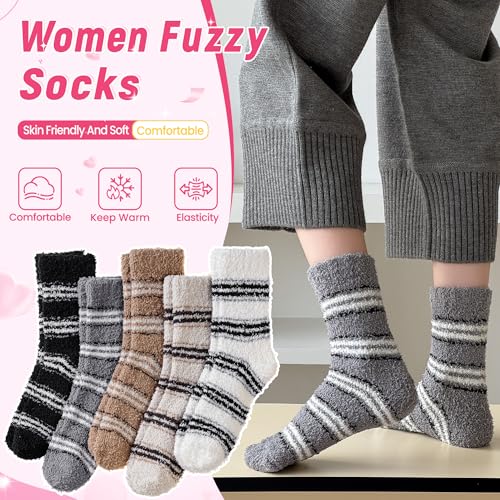 Image of Eocom Fuzzy Socks for Womens Warm Fluffy Winter Cozy Thick Plush Slipper Sleep Comfy Crew Christmas Socks 5 Pairs