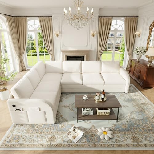 Image of KCGKCG 115.2 inch L Shaped Couch Bed, Sectional Couches for Living Room, Teddy Fabric Sleeper Sofa Bed with Pull Out Couch, Convertible Sectional Couch with Charging Station & Side Pocket, Beige