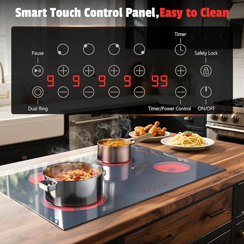 Image of 30 Inch Electric Cooktop - 4 Burner Built-in Electric Stove 30In 6600W, Radiant Ceramic Stove with Dual Zone, Metal Frame, Child Lock, Timer, 220V Hard Wired, Satin Grey
