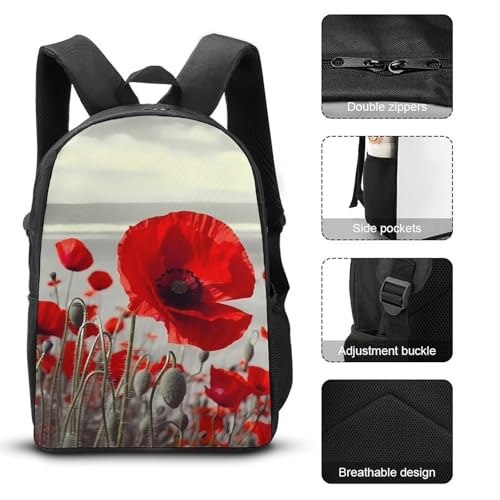 3 Piece Backpack for Women Men Lightweight Causal Daypack Shoulder Bag Set with Insulated Lunch Bag And Pencil Case Organizers Red Poppy Flower3