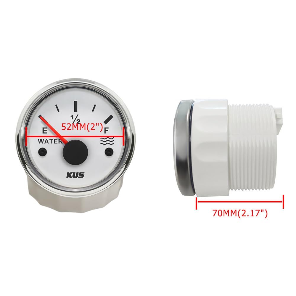 KUS 52 mm Wasserstandsmesser 0–190 Ohm Signalanzeige 12 V 24 V für Schiffe Yachten mit Hintergrundbeleuchtung mit 330 mm langem Füllstandssensor