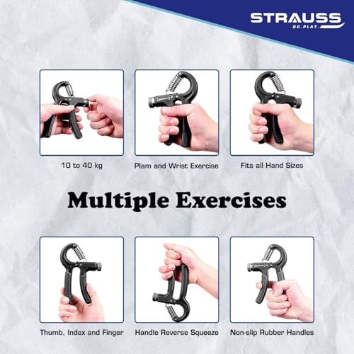 Image of Strauss Adjustable Hand Grip| Adjustable Resistance (10KG - 40KG) | Hand Gripper for Home & Gym Workouts | Perfect for Finger & Forearm Hand Exercises & Strength Building for Men & Women (Black)