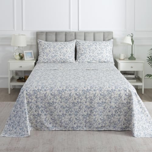 Image of Blue Floral Percale Bed Sheets California King, Deep Pocket, 4Pcs | 100% Cotton Shabby Flower Chic Sheet Set, Vintage Farmhouse Printed Sheets, Neutral Toile Bedding, Coastal, Cream White, Soft