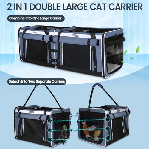 Image of Petskd Double Extra Large Cat Carrier with Litter Box and Privacy Curtain, 48 inchx17 inchx17 inch Soft Cat Car Travel Carrier with Locking Zippers for Multiple Cats Long Distance Trip(Blue)