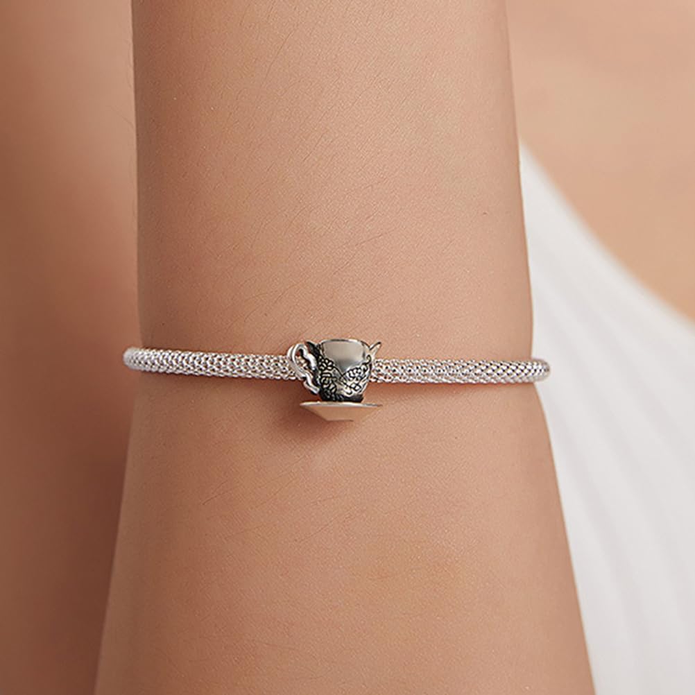 Holibanna Sterling Silver Bracelet with Retro Teacup Charm and Decorative Beads for Women Anniversary Wedding Birthday Jewelry