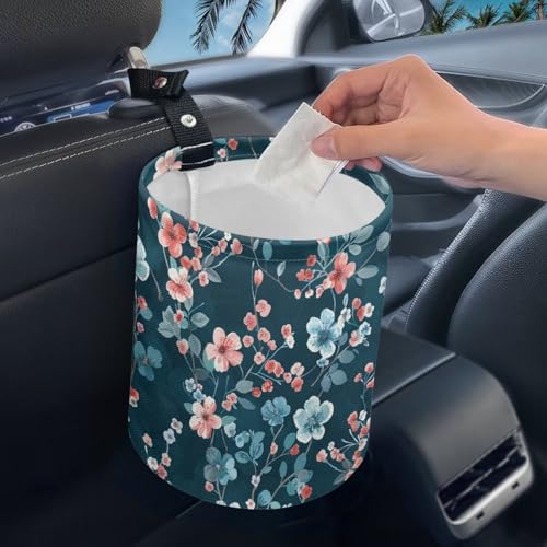 Image of Blue Pink Floral Car Trash Bin Vehicle Trash Can - Portable Reusable Waterproof Multipurpose Car Organizer Road Trip Essentials