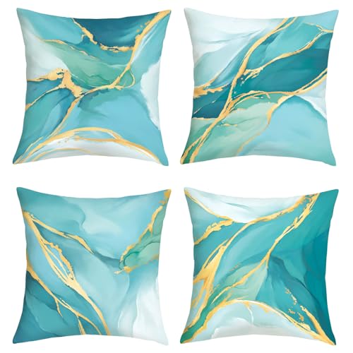 Joymaison Housse Coussin 45x45 Lot de 4 Marbre Turquoise Abstrait Taie d'oreiller Marbre Moderne Bleu Sarcelle Art Esthétique Housse d'oreiller pour Coussins...