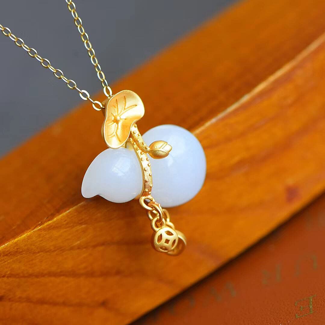 Lvyan Women's White Natural Jade Lotus Gourd S925 Sterling Silver Gilding Inlaid Necklace Pendant Retro Simple Gift