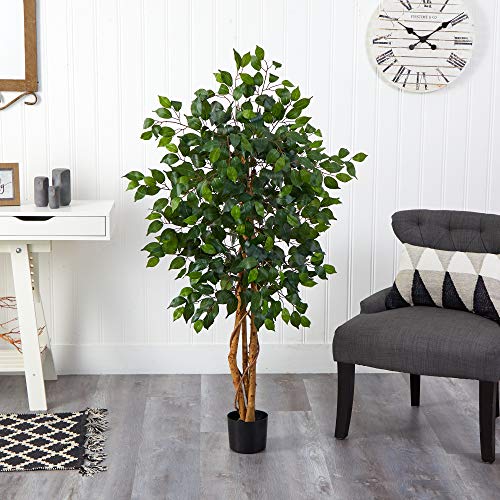 Image of Nearly Natural 4ft Triple Trunk Ficus Silk Tree with Natural Wood Trunks and Dense Foliage, Mid-Size Faux Floor Plant for Home and Office