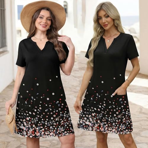 Image of WIHOLL Summer Dresses for Women Casual V Neck Wedding Guest Dress Hawaiian Midi Dress Fashion Beach Vacation Clothes