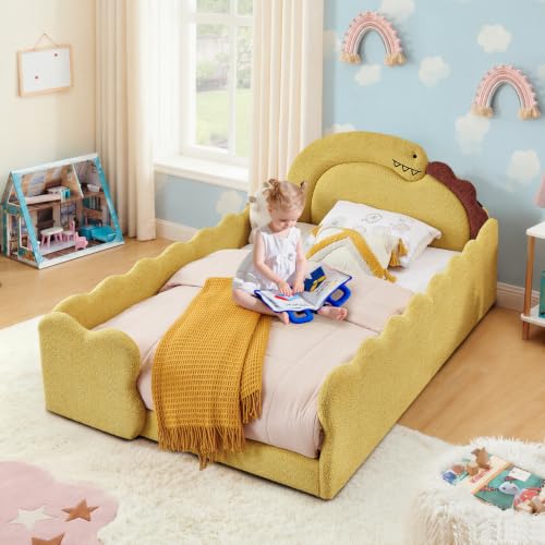 Image of Full Size Kids Bed with Dinosaur Headboard, Upholstered Boucle Fabric Twin Daybed with Slats Support & Side Pocket, Space-Saving Wooden Corner Sofa Couch Day Bed Frame for Girl, Boy, Teenager(Yellow)
