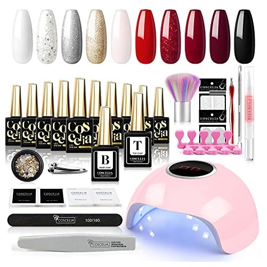 COSCELIA Kit Uñas Permanentes Completo 24W LED/U-V Lampara Esmalte de Gel para Uñas de 10 Colores Base Coat y Top Coat Kit Uñas Semipermanentes Gel para Manicura y Pedicura