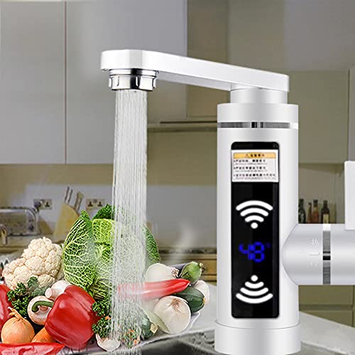 Wasserhahn mit Durchlauferhitzer 3000W Elektrische Wasserhahn 360° Drehbarer Durchlauferhitzer Warmwasserhahn mit LED Temperaturanzeige für Küche, Bad (Weiß) Cover