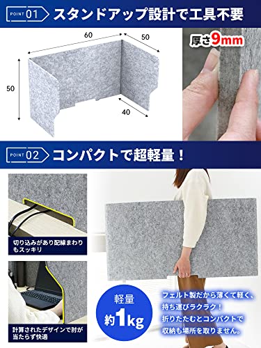 Ray Leaf 卓上 パーテーション 防音 吸音 (幅60cm) 衝立 パーソナルブース 高密度吸音 簡単設置 Web会議 リモートワーク用 飛沫防止 飛沫ガードスタンド 簡易防音室 polyester