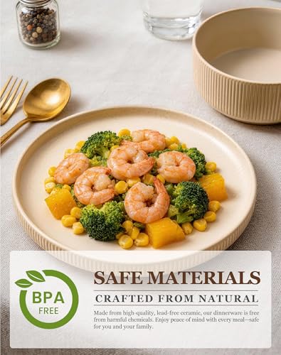 Image of OTAGO 24-Piece Dinnerware Set for 6 with Mugs, Ribbed Stoneware Plates and Bowls Sets, Unique Handcrafted Reactive Glaze, Chip and Scratch Resistant Dish Set, Microwave & Dishwasher Safe, Yellow