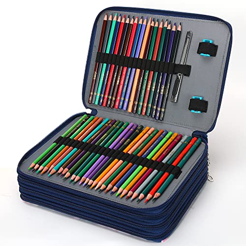 Image of Vomgomfom 200 Slots Pencil Case 4-Layer PU Leather, Handle, Blue Rose