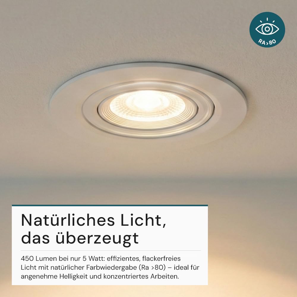 LUXULA LED Einbaustrahler schwenkbar 20 Stück - Einbaumaß 75mm - Deckenspot Weiß, Einbauleuchte Decke - 5W 450lm 3000K warmweiß - 38° Spotlight - LED Spots 30.000h - LED Deckenleuchte 230V Bad/Küche