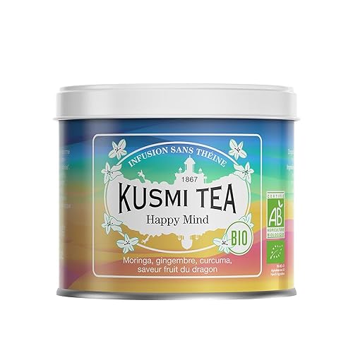 Kusmi Tea - Happy Mind - Infusion Bio - Mélange de Plantes, Épices et Pomme - Saveur Fruit du Dragon et Citron - Tisane Bio sans Théine - Boîte Thé Métal 100g - Quantité pour environ 50 Tasses - Happy Mind