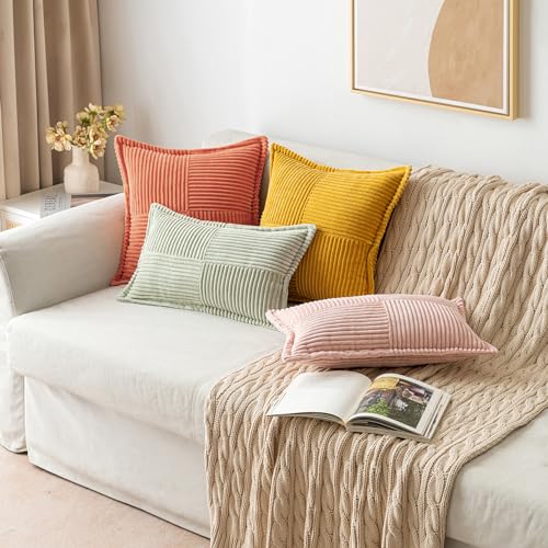 Image of MIULEE Decorative Throw Pillow Covers for Couch Bed Livingroom 18x18 Inch Set of 2 Coral Red Boho Accent Throw Pllows Broadside Striped Patchwork Soft Corduroy Summer Pillowcases