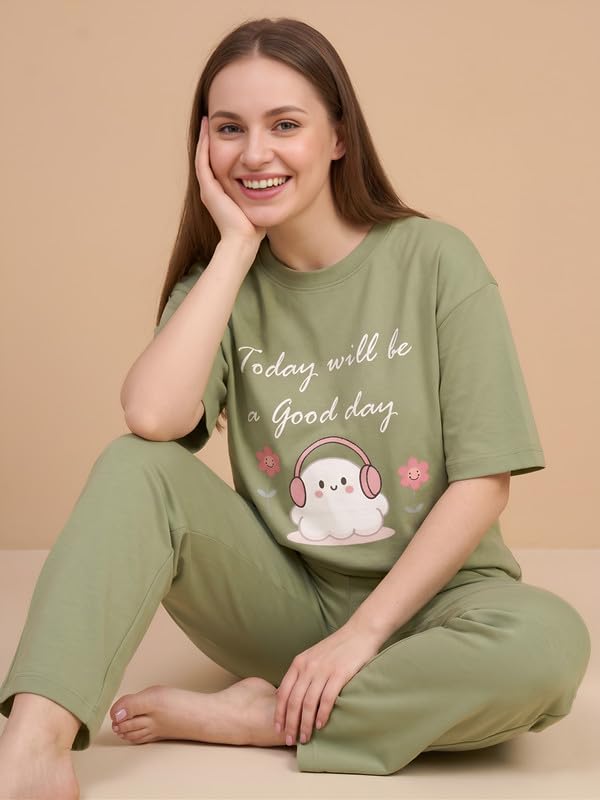 Image of My Swag Women Cotton Pajama Set Cute Cartoon Graphic Printed Night Suit for Women & Girls /Plus Size Nightsuit Set /Korean Night Suit