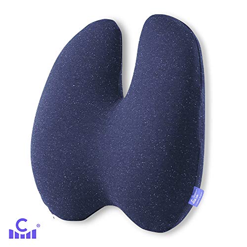 Cushion Lab Extra Dense Lumbar Pillow - Patented Ergonomic Multi-Region Firm Back Support for Lower Back Pain Relief - Lumbar Support Cushion w/Strap for Office Chair, Car, Sofa, Plane - Navy