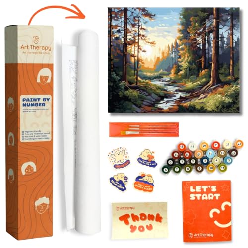 Image of Art Therapy Pcn20 Linen Canvas DIY Paint by Numbers Kit 15 x 20 Inch for Adults and Kids with 2 Set of Acrylic Oil Painting Colors with Brushes for Stress Relief, Relaxation, Focus & Home Decoration (Woods)