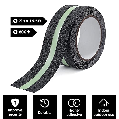 Image of Reniteco Glow-in-the-Dark Anti Slip Traction Tape - 2 inch x 16.5Ft, Black - Enhance Safety on Wet Surfaces - Perfect for Stairs, Showers, Bathtubs