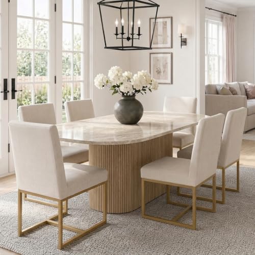 Image of HNY Modern Dining Chairs Set of 6, Upholstered Linen Dining Room Chairs with Ergonomic Back & Polished Gold Metal Frame for Home, Kitchen, Apartment, Cream