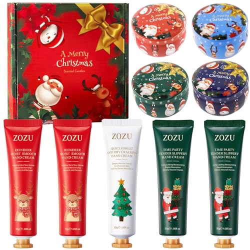 Navidad Regalos para Mujeres, 5 Crema de Manos, 4 Velas Aromaticas, Regalos Caja con Cremas de Manos, Hand Cream, Vela Navida, Navidad Regalo para Mamá, Hermana