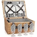 Cesta de picnic para 4 personas, cesta grande de sauce con correas para botellas, juego de cesta de picnic grande hecha a mano con cubiertos de utensilios