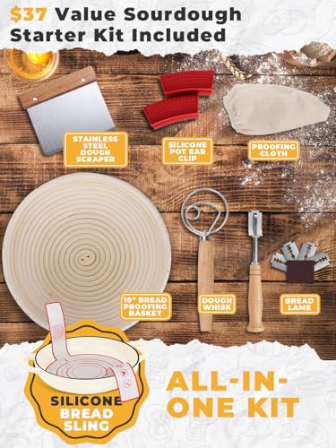Image of Dutch Oven Bread Baking Pot with Lid 6QT Enameled Cast Iron Oven, White Design & Complete Sourdough Kit (Banneton Basket, Dough Tools, Silicone Sling) for Artisan Bread Making