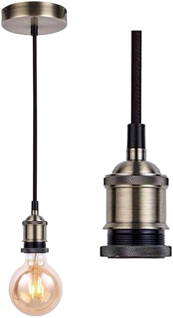 JING Vintage Pendant Light Fitting,Industrial Antique Brass Ceiling Rose, Braided Flex E27 Lamp Holder,Suspended Ceiling Pendant Light Fitting-Antique Brass
