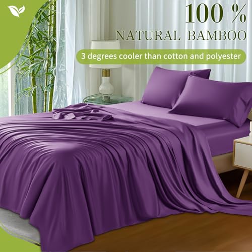Shilucheng 100% Viscose Derived from Bamboo Queen Size 4pcs Ultra Cooling & Silky Soft Bed Sheets, 16" Deep Pocket, Perfect for Hot Sleepers, Hotel Bedding Sheets (Purple)