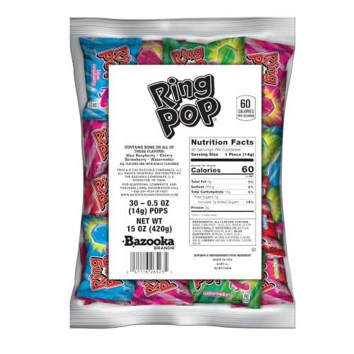 Image of Ring Pop Lollipops, 30 Count, Assorted Flavors, Candy Party Favors for Kids | Individually wrapped hard candy suckers, variety pack, great for kids' birthday party favors and goodie bag stuffers
