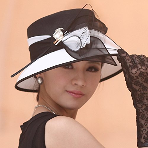 June's Young Women Church Hats Formal Dress Derby Hats with Feather Elegant Bucket Hats (Black/White)3