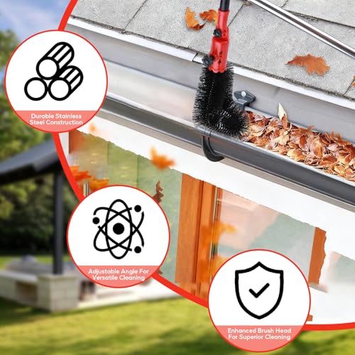 2-in-1 Multi-Angle Gutter Cleaning Tool with Shovel and Rake,4m Extendable Telescopic Roof Gutter Cleaner with 11 Poles Adjustable Angle,Detachable Cleaning Brush Tool for Leaves Debris Window Gutter - Image 3