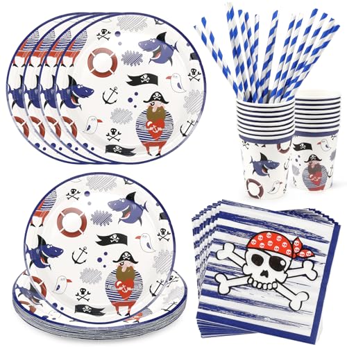 Lot de 64 assiettes de fête pirate en carton pour anniversaire d'enfant, couverts de pirate, comprend assiettes, serviettes, tasses, pailles (pour 16...