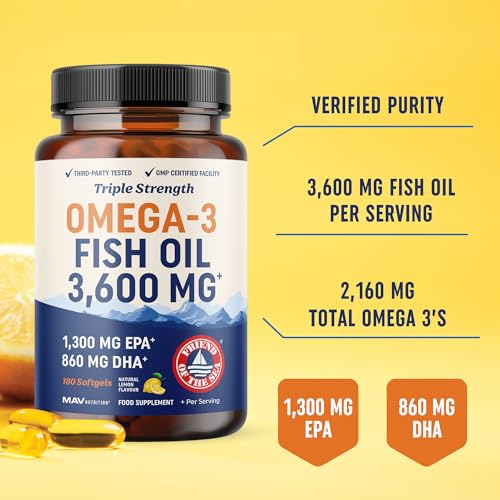 Omega-3 Fish Oil Supplement 3600 mg | EPA & DHA | Best Source of Omega 3 | Ultimate Brain, Joint, & Eye Health Support for Men & Women | Non GMO Burpless Lemon Softgel Capsules 2000mg Plus (180 Pills) - 3