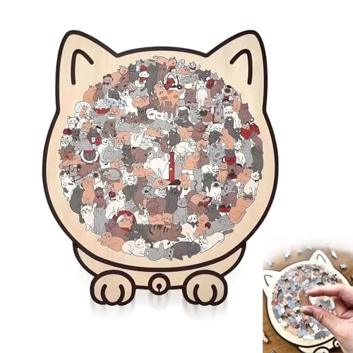 Katzenpuzzle Holz 135-Piece Cat Shaped Wooden Jigsaw Puzzle Kreatives Cat-Shaped Wooden Puzzle with A Frame Unregelmäßiges Katzen Puzzle Geschenk Für Katzenliebhaber (Morandi-Colored)