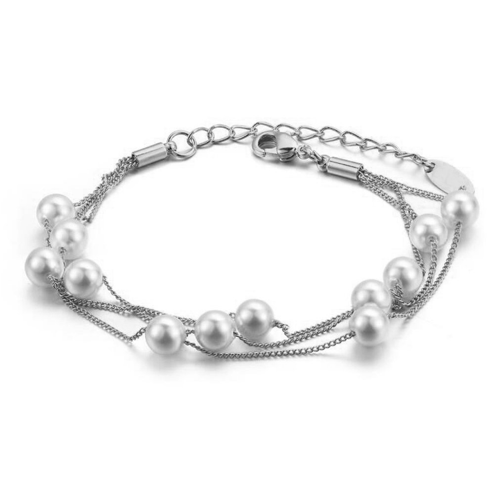Star Jewelry 3 line Freshwater Cultured Pearl Bridal Wedding Bracelet with Platinum Plated