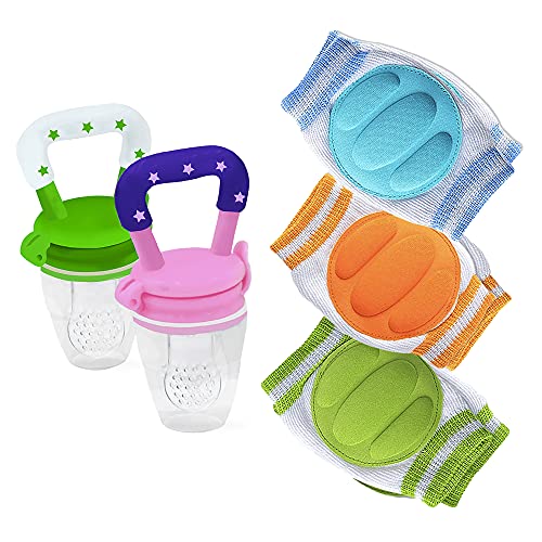 Ashtonbee Crawling Knee Pads and Fruit Feeder Pacifier for Babies, Baby Essentials Bundle for Parents-to-Be with Baby Fruit Feeders and Anti-Slip Baby Knee Pads