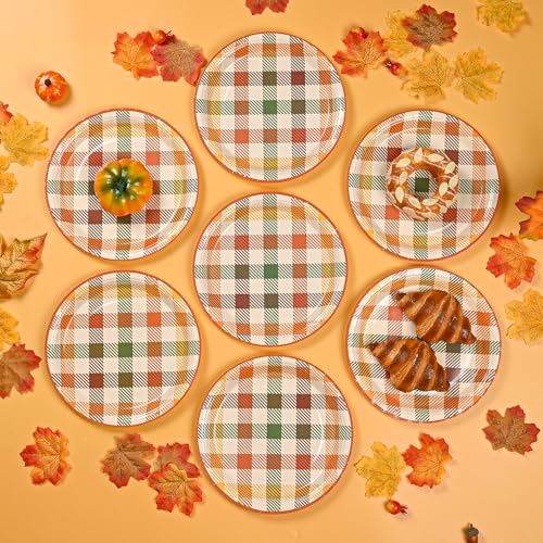Image of 48Pcs Fall Plaid Paper Plates, Autumn Colors Party Plates