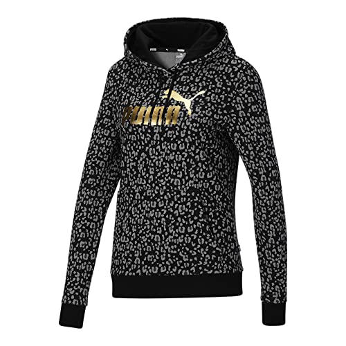 PUMA Women's Essentials Leopard All Over Print Fleece Hoodie, Black, Medium