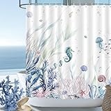 MEHOFOND Ocean Coastal Shower Curtain Blue Ocean Themed Coral Beach Shower Curtain for Bathroom Seahorse Seashell Starfish Bathtub Decor Fabric Waterproof Bath Curtain with 12 Hooks 72x72 Inch