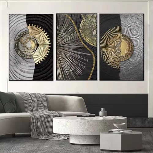 Affiche murale images cercles lignes abstraites or noir salon 3 cadres